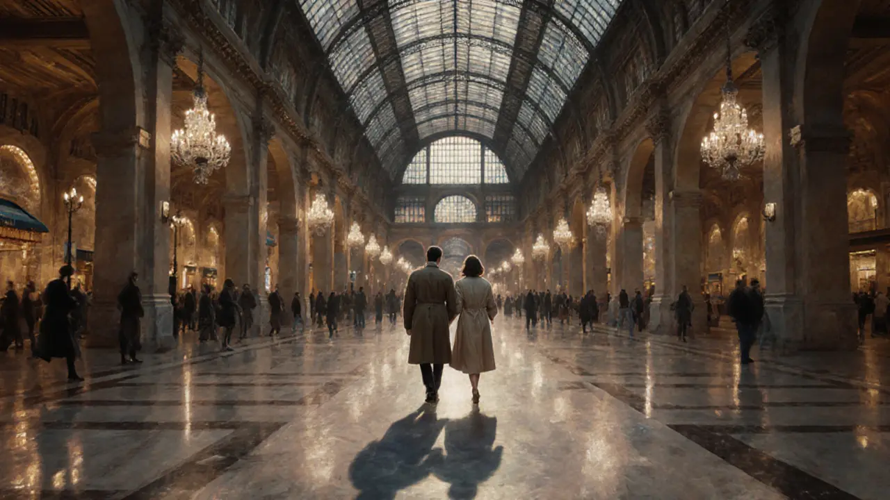 A couple walking through the empty Galleria Vittorio Emanuele II after hours, shadows stretching under historic glass.
