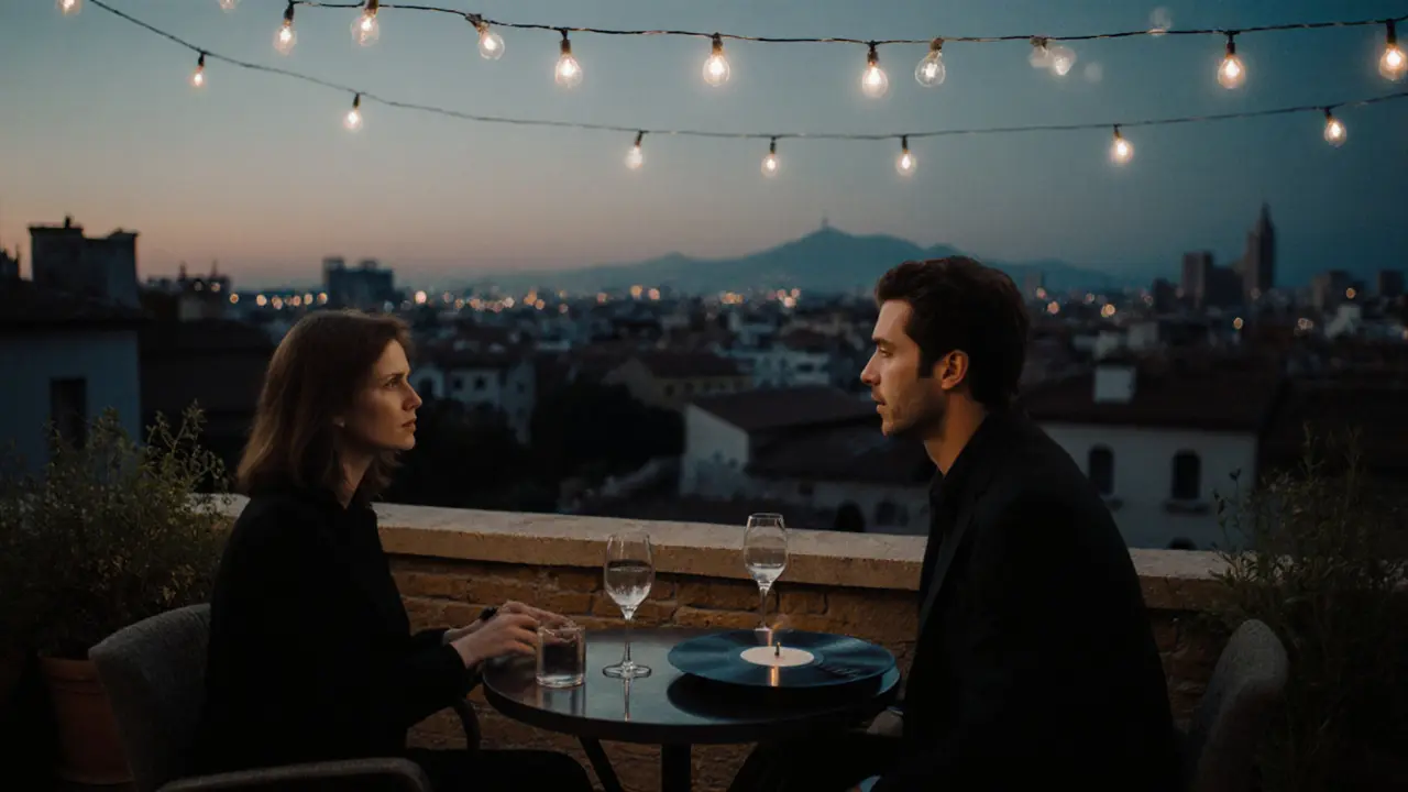 A rooftop garden in Navigli at twilight, with soft lights and jazz music, suggesting a private, meaningful moment.