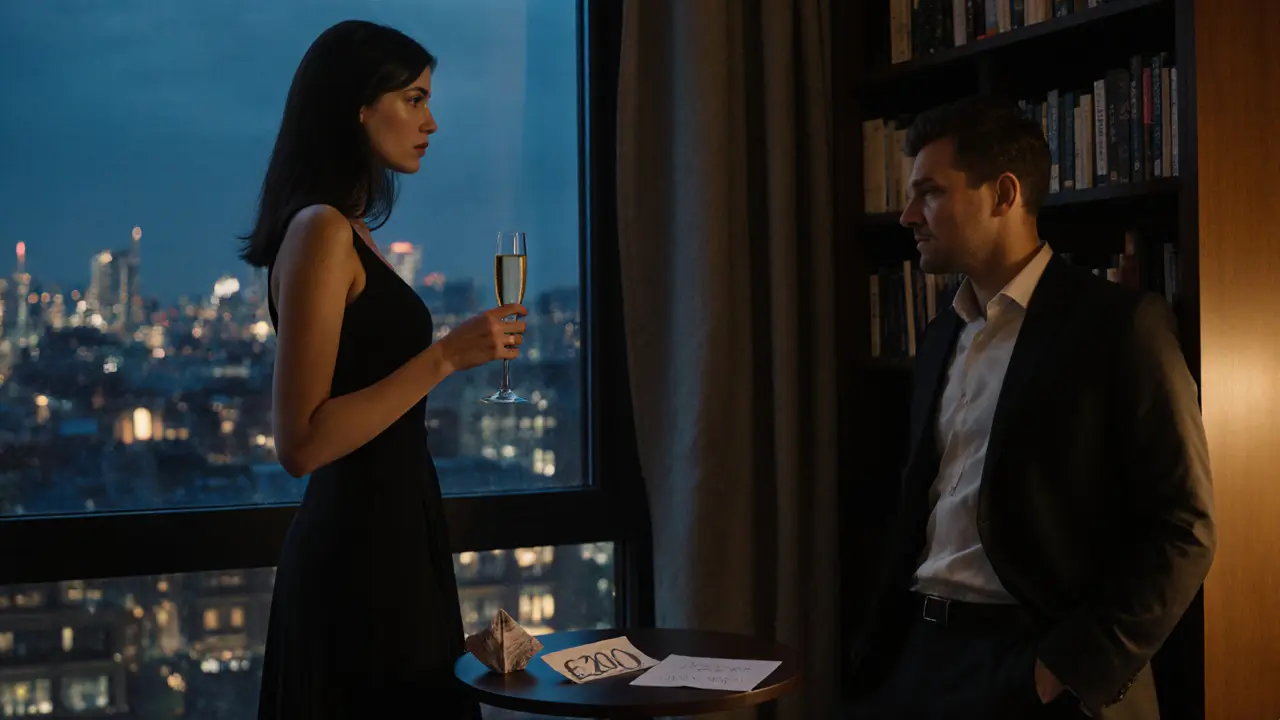 A woman in an elegant dress and a man in smart casual clothes in a London apartment, a folded bill on the table, no physical contact.