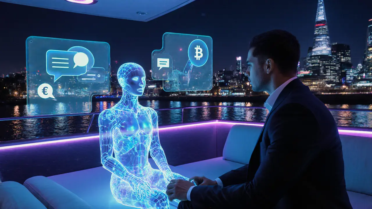 Futuristic lounge on a yacht with a holographic companion and a gentleman.