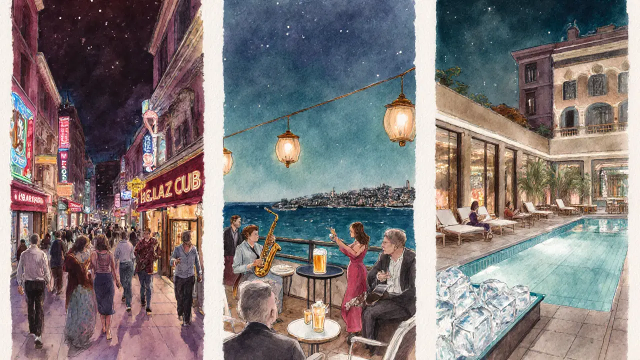 Three watercolor panels showing nightlife in Beyoğlu, Kadıköy, and Nişantaşı.