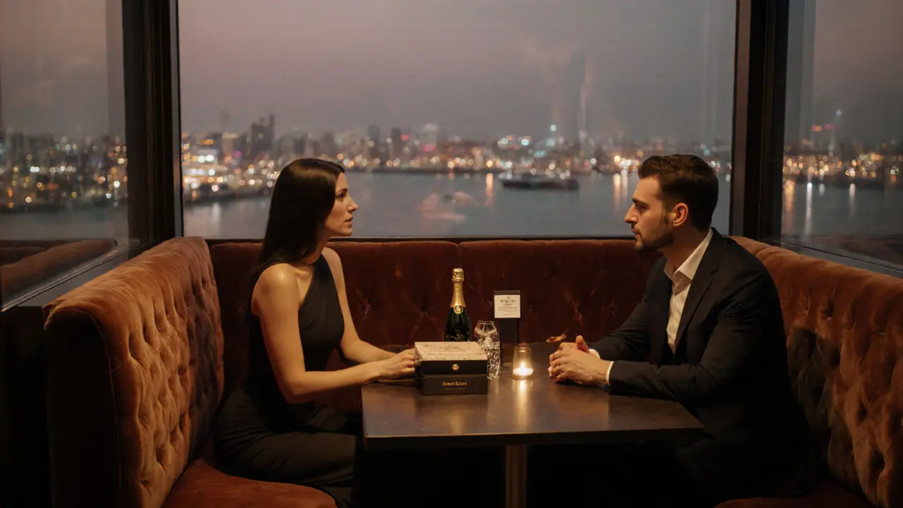 Upscale lounge booth on Yas Island with a couple sharing chocolates and champagne in a private setting.