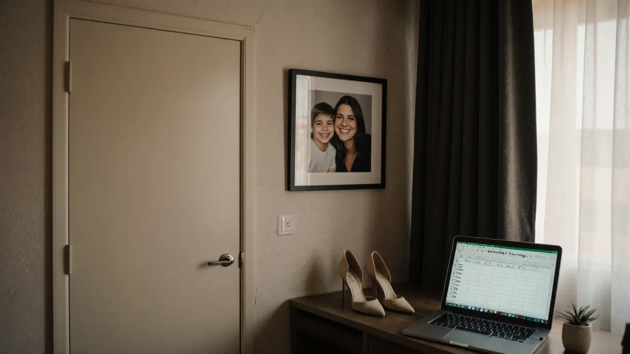 A closed door with shoes beside it, a photo of children on the wall, a laptop showing earnings.