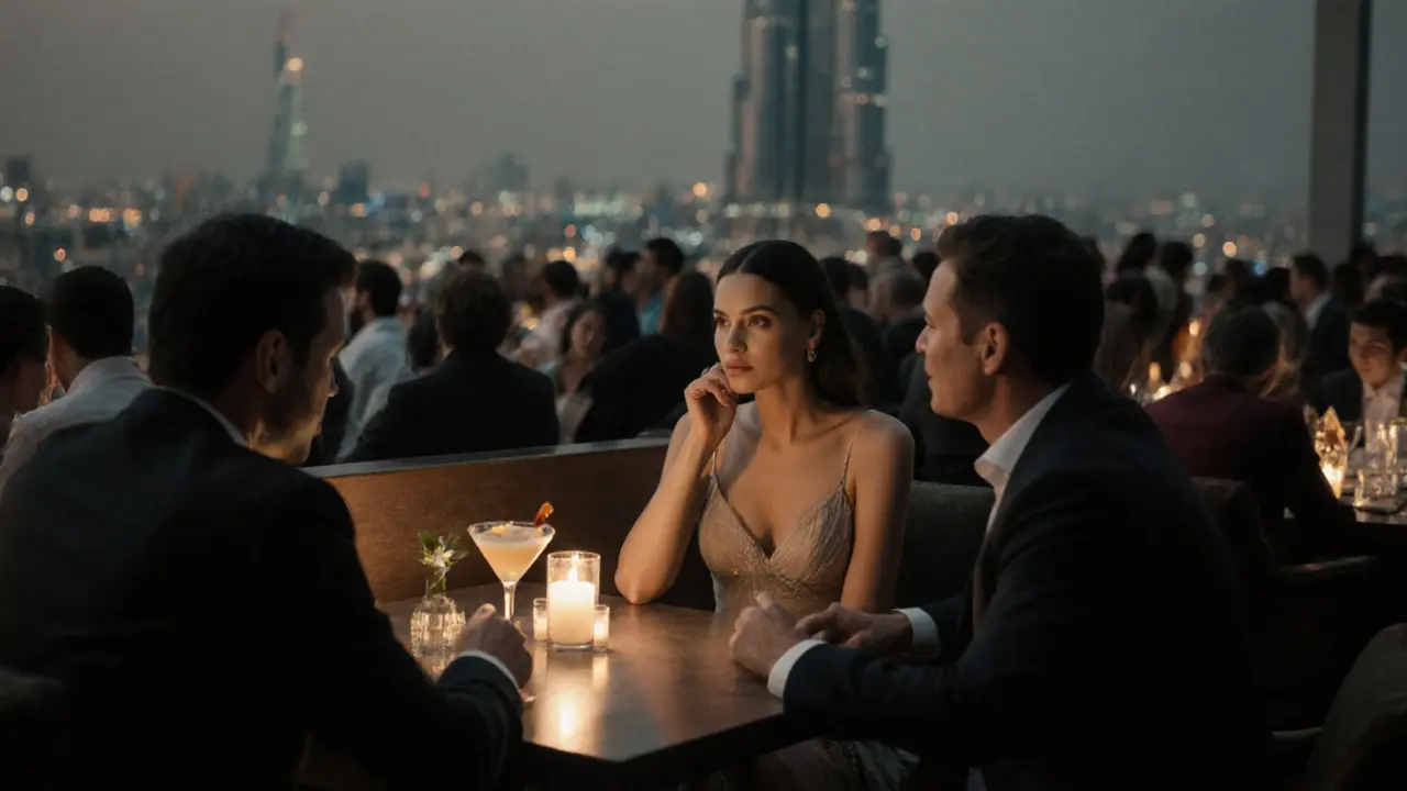 A couple shares a quiet moment at a rooftop lounge overlooking Dubai's skyline.