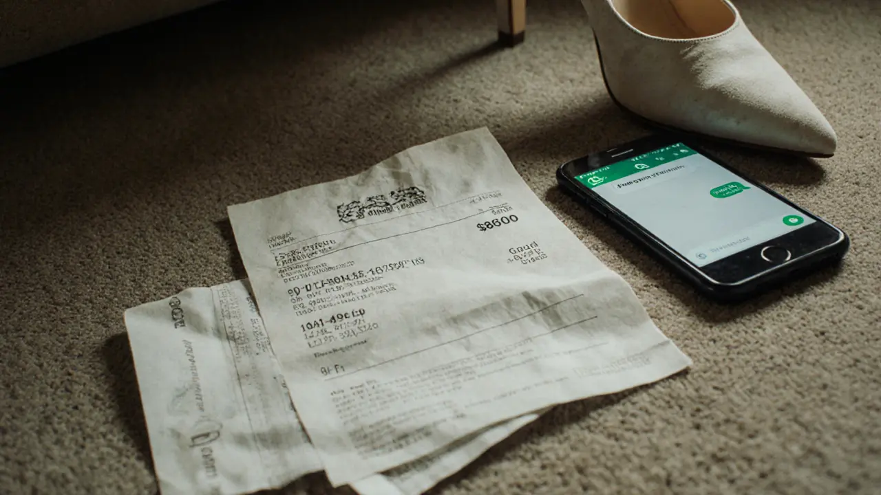 A crumpled payment receipt and discarded shoe beside a phone showing a transaction message in a hotel room.