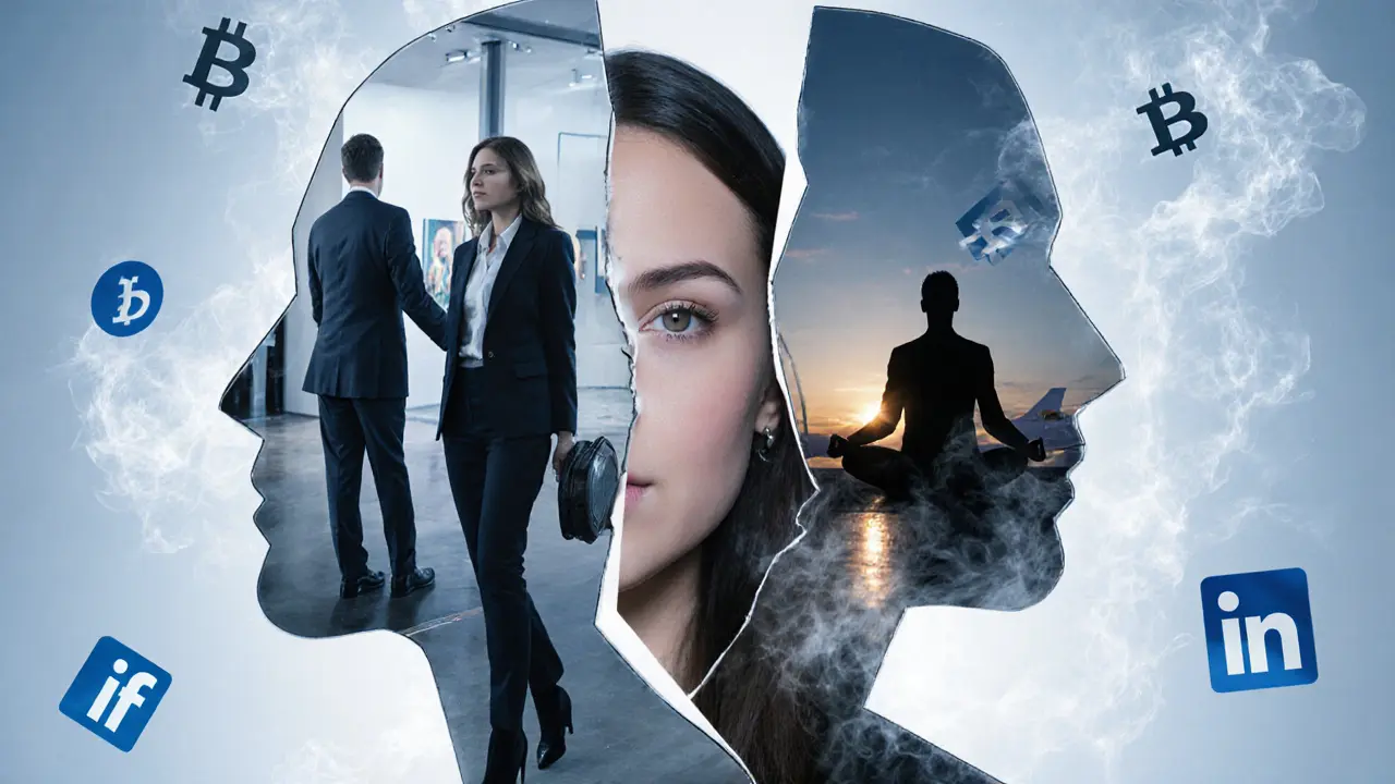 A fractured mirror showing multiple identities of a woman navigating secrecy and performance.