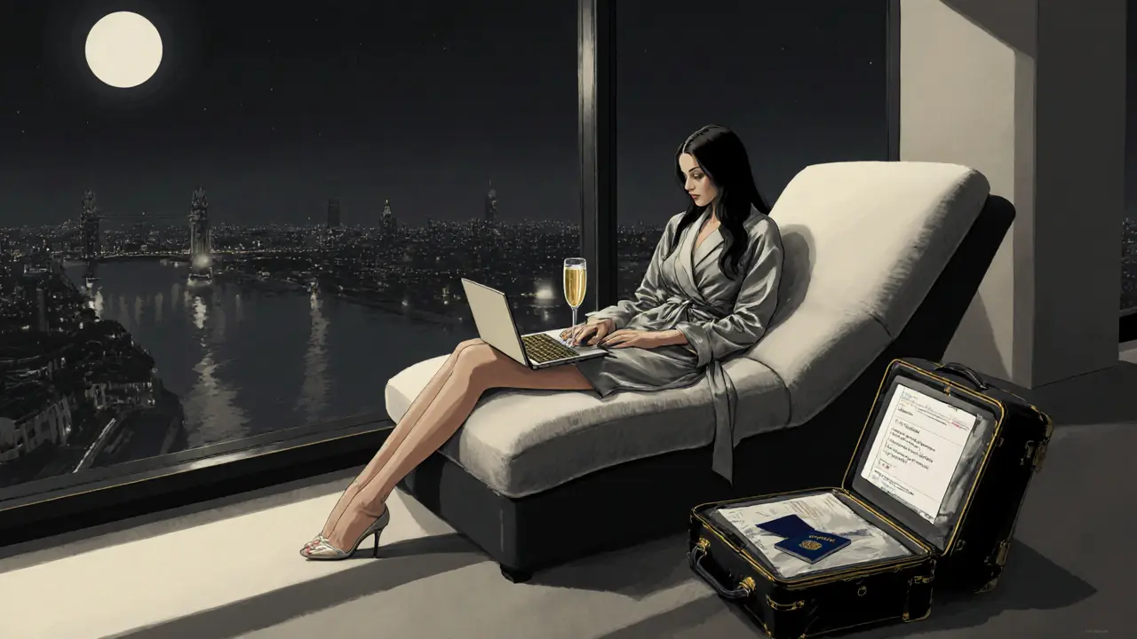 A high-end escort in a penthouse overlooking the Thames, reflecting solitude and professionalism.