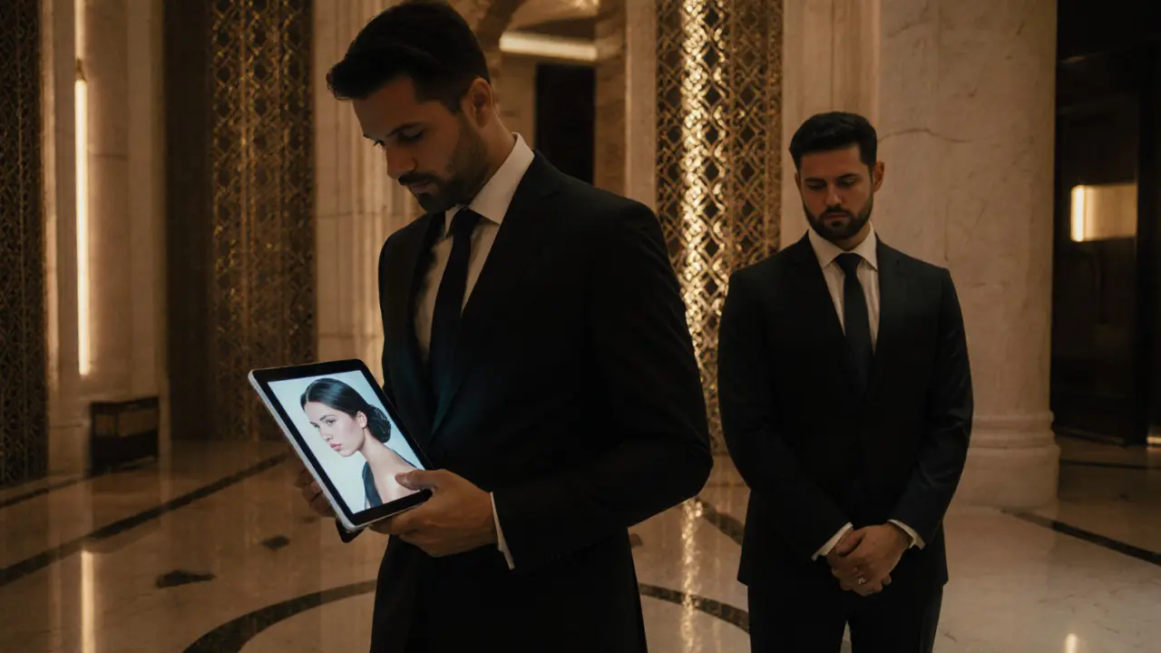 A hotel concierge discreetly assisting a client in a luxurious Abu Dhabi hotel lobby.