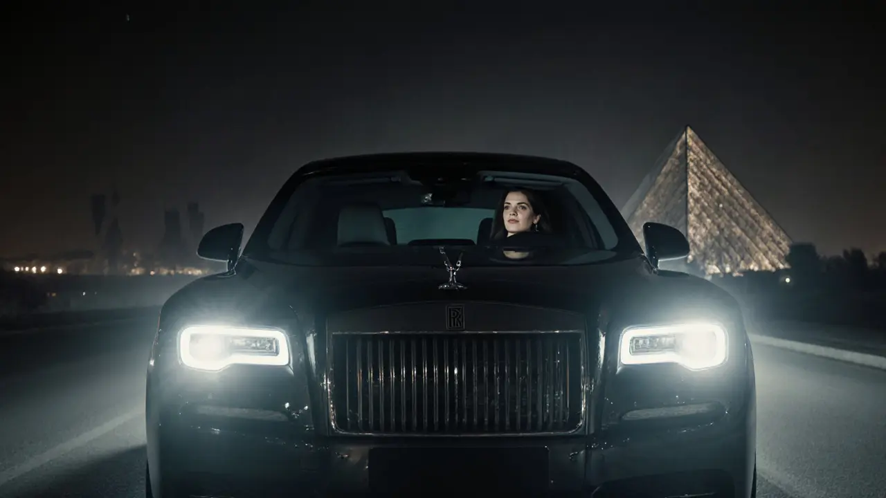 A luxury car driving at night toward a secluded villa near the Louvre Abu Dhabi.