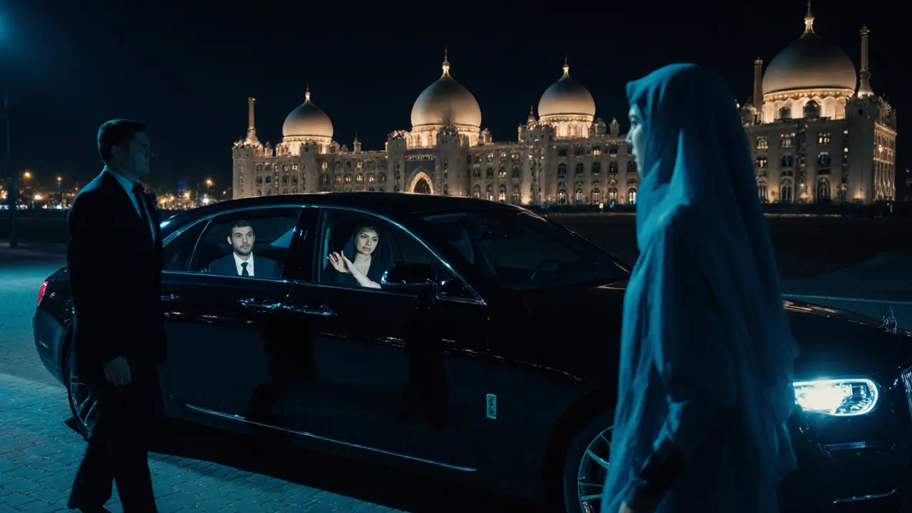 A luxury car outside Emirates Palace at night, client and companion arriving for an event.