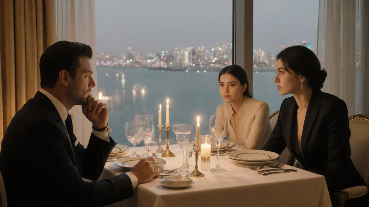 A man and woman having a quiet, refined dinner in a high-end hotel suite.