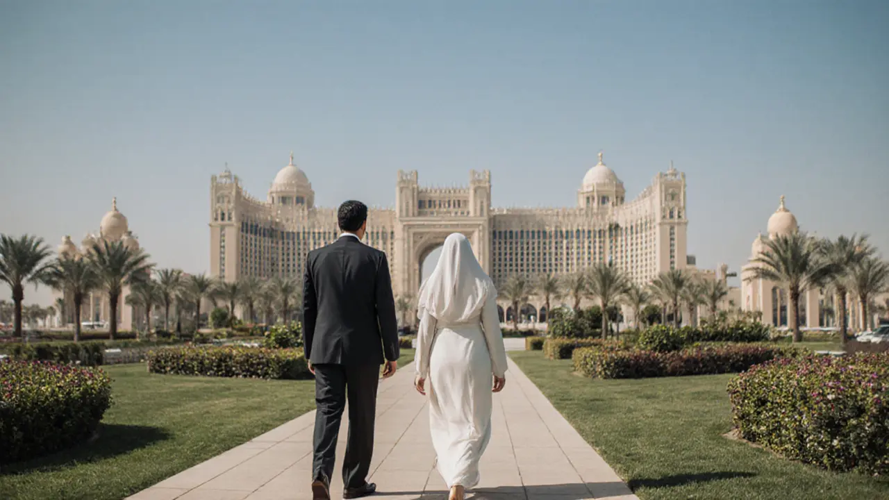 A man and woman walk separately near the Emirates Palace, maintaining cultural distance and modest attire.