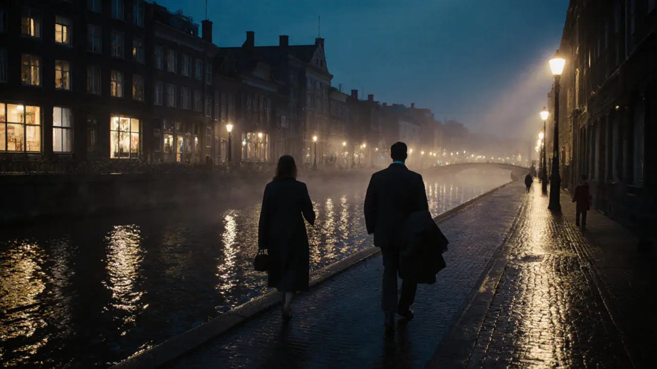 A man and woman walking side by side along the Spree River at night, shadows long under streetlights.