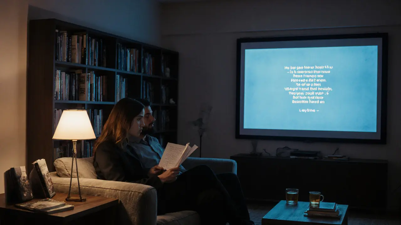 A man and woman watching a movie together in a cozy apartment, reading poetry in calm companionship.