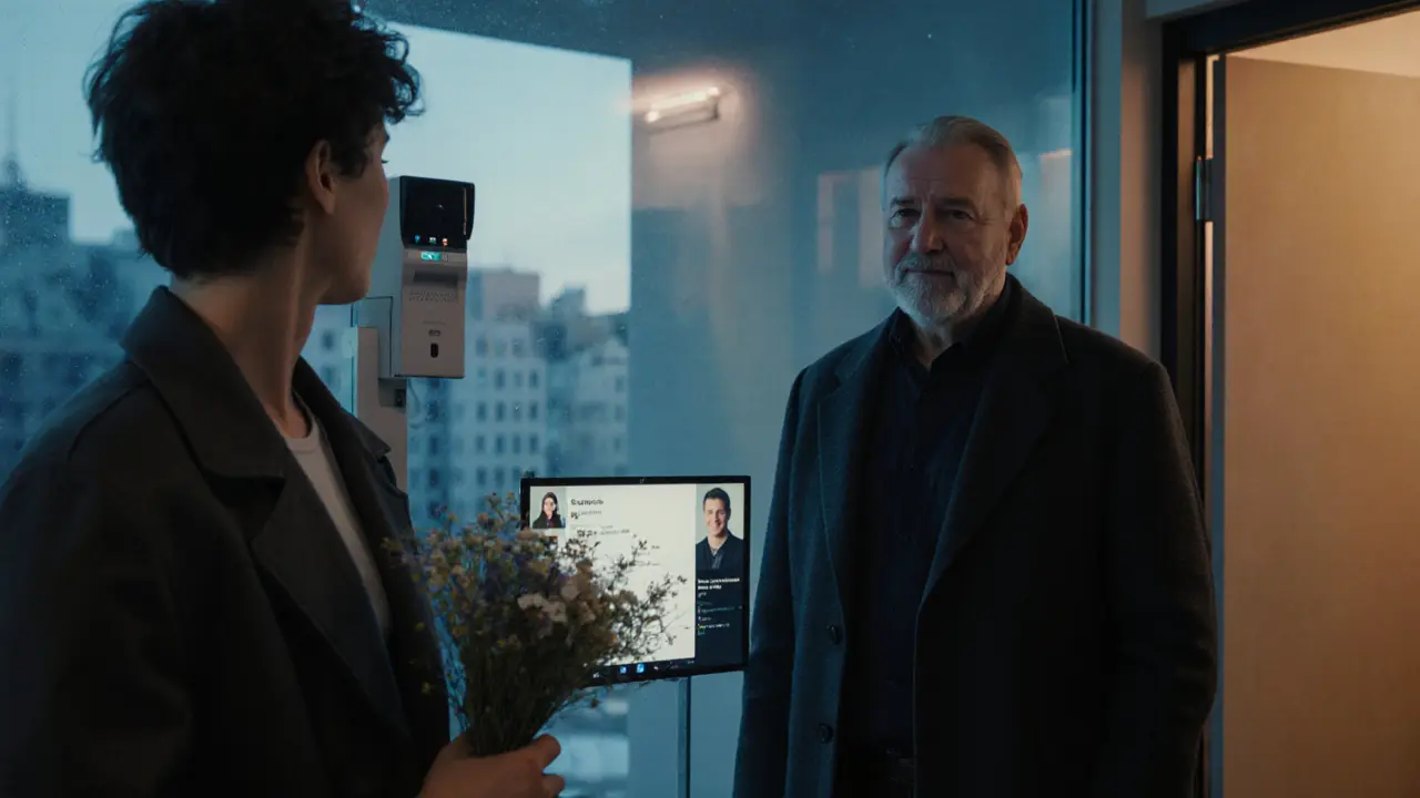 A non-binary person and client meet respectfully in a Berlin apartment lobby with security camera visible.
