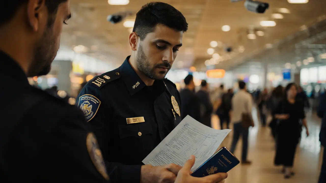 A police officer seizes a tourist's phone and passport at Abu Dhabi airport, others blur in the background.