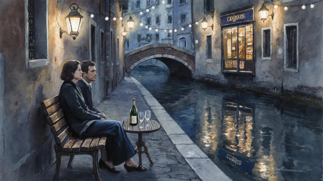 A quiet moment by the Naviglio canal with lantern reflections on water and a bottle of wine.