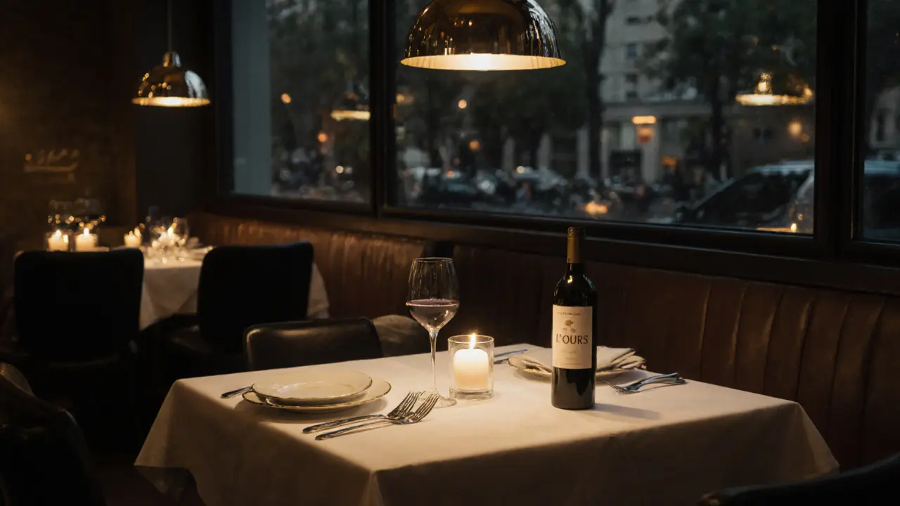 A romantic candlelit dinner at a quiet Berlin restaurant, with wine and fine tableware under soft ambient lighting.