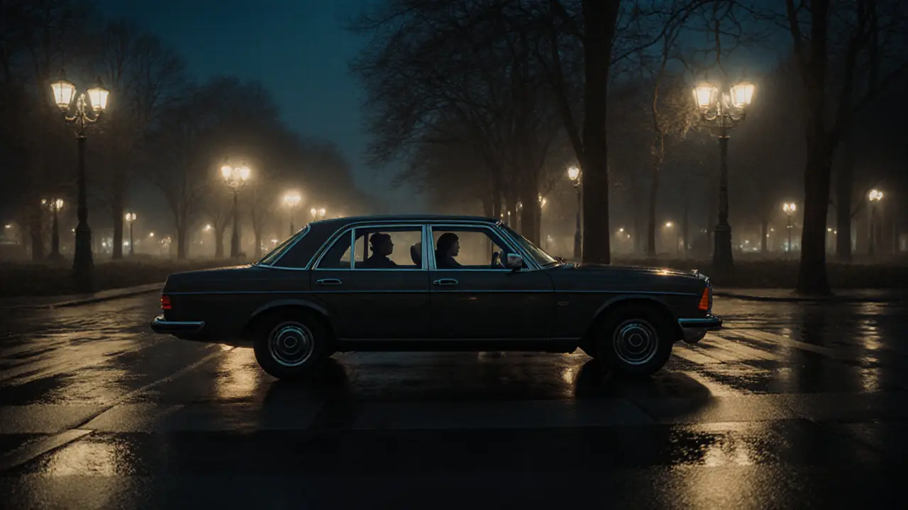 A vintage Mercedes drives through Tiergarten at night, windows down, as gentle lights reflect off wet pavement in serene silence.