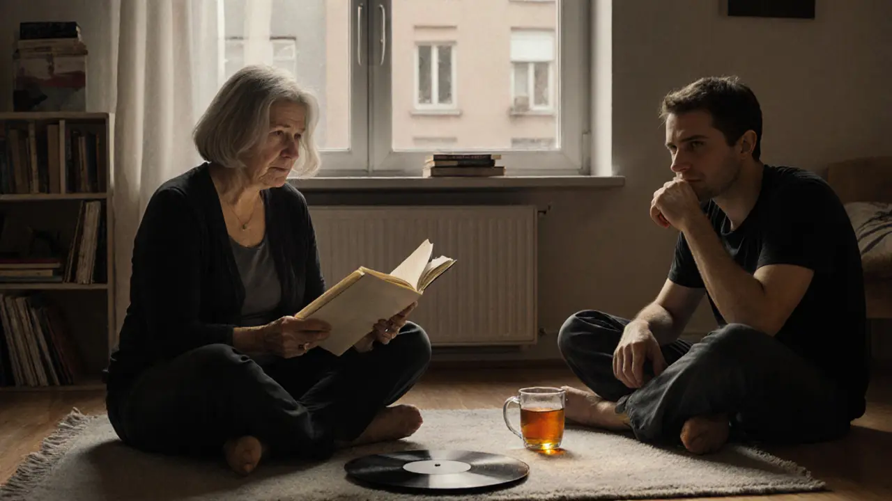 A woman reads poetry aloud to a quiet listener in a sunlit Berlin apartment, no physical contact.