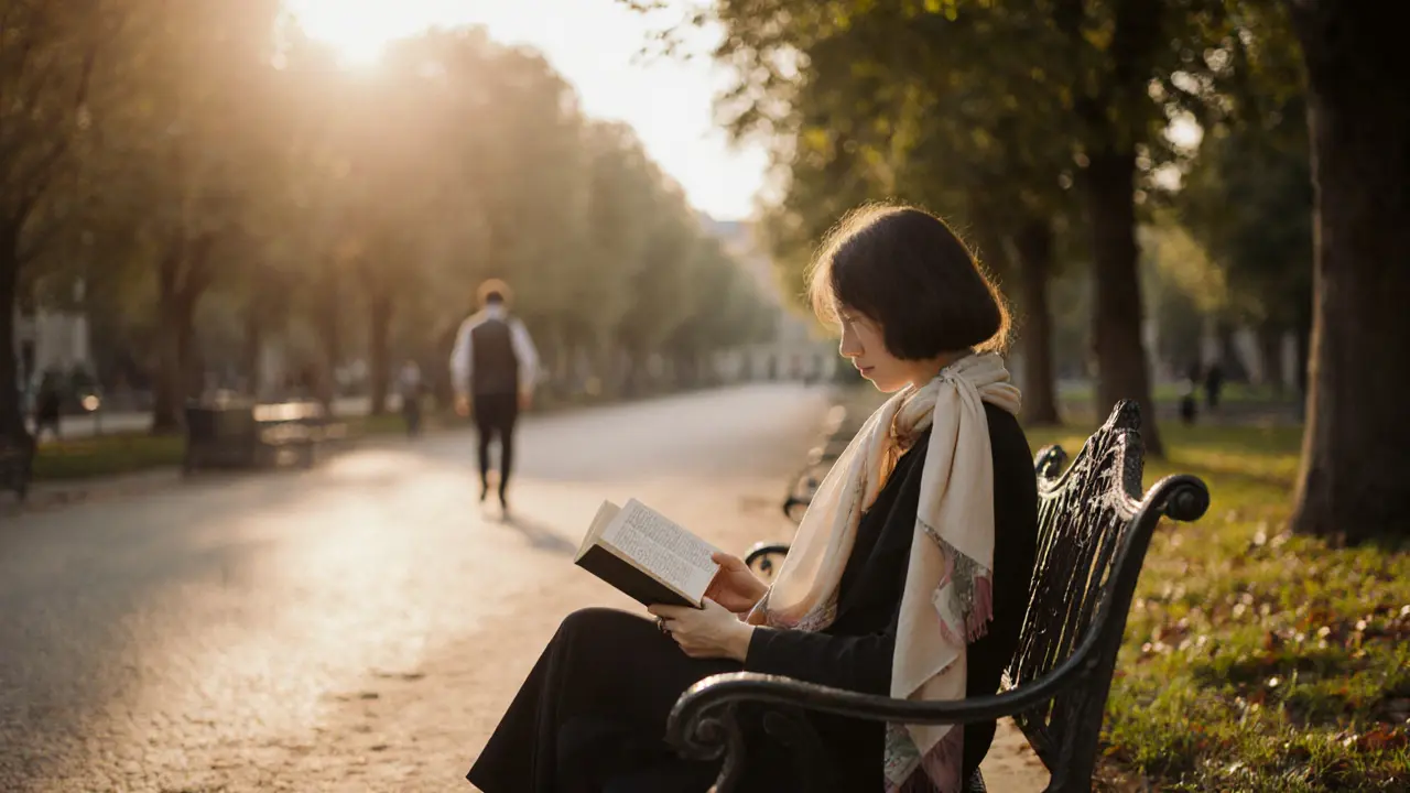 A woman reads quietly in Luxembourg Gardens at golden hour, sunlight filtering through trees as someone walks away in the distance.
