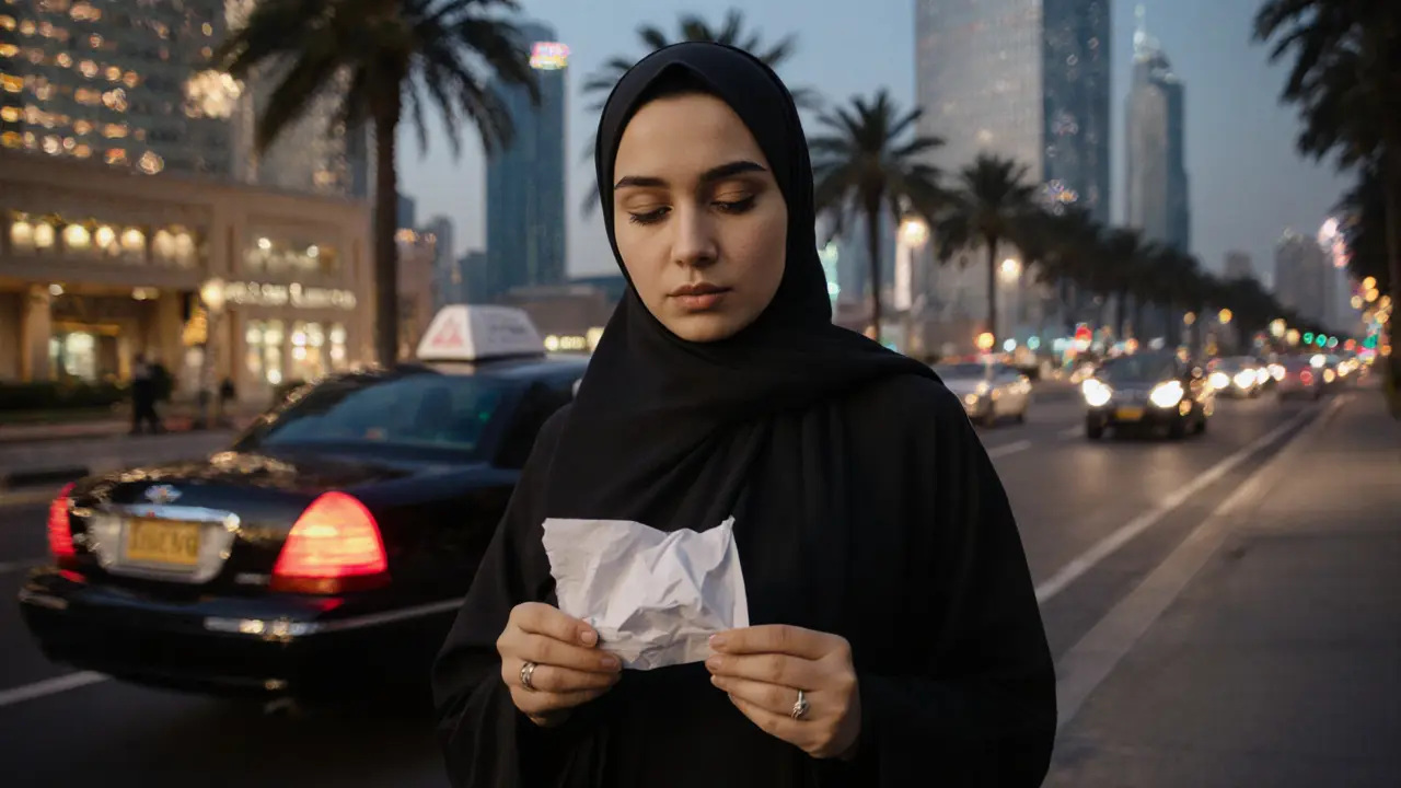 A woman stands outside Dubai Mall holding a note, a taxi disappearing into the city lights.