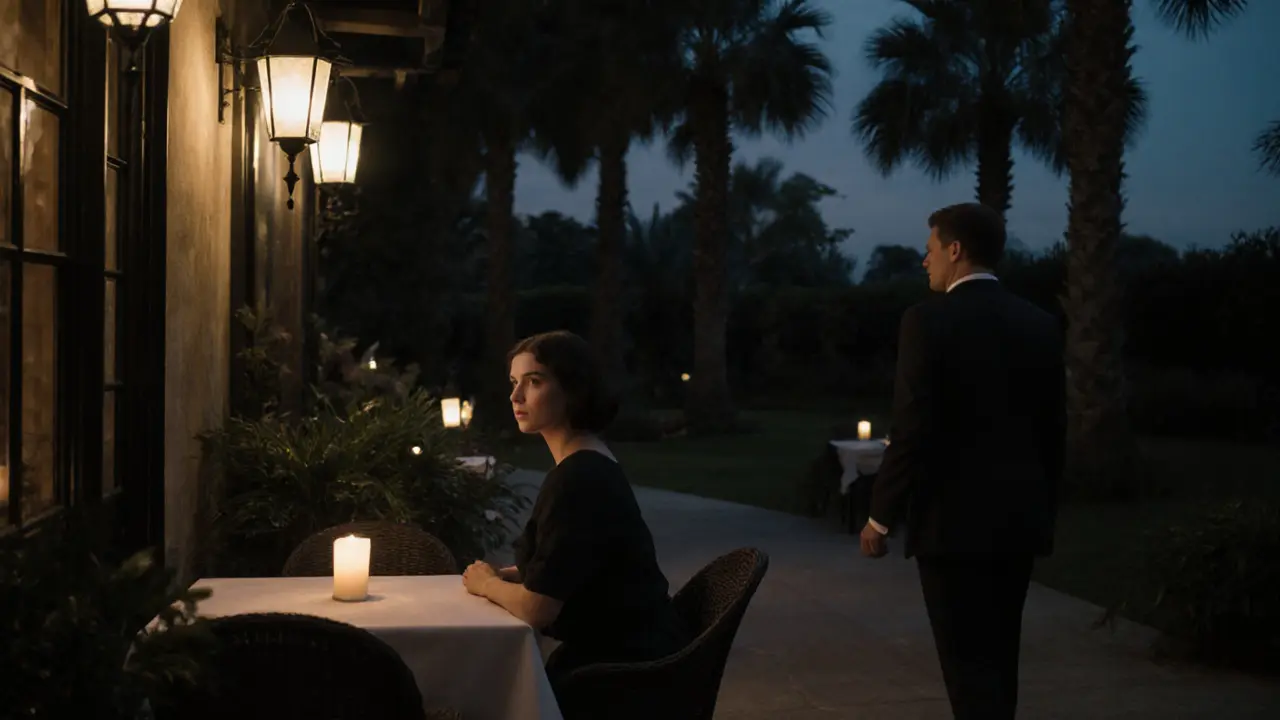 A woman waits alone at a candlelit garden table, anticipating a respectful meeting in a private dining setting.