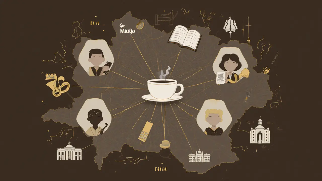 Abstract representation of Berlin's diverse companionship culture with connected figures and symbolic elements.