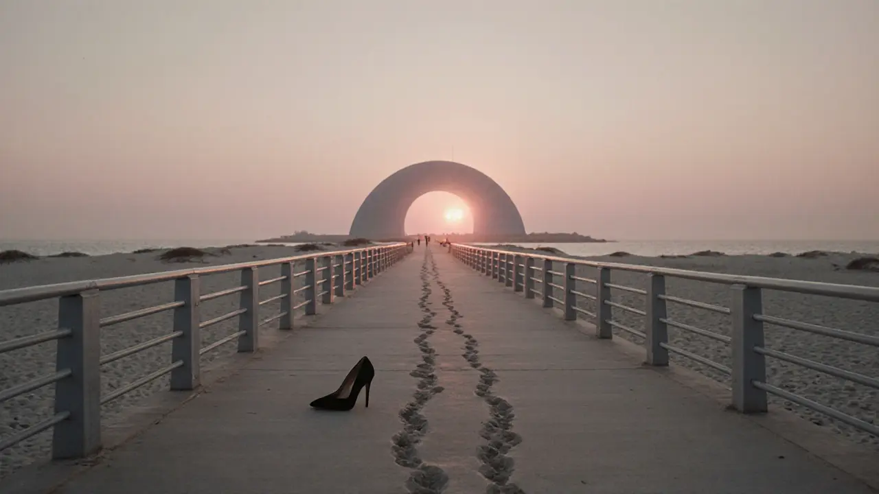 An abandoned high heel rests on the Palm Jumeirah boardwalk at sunrise.