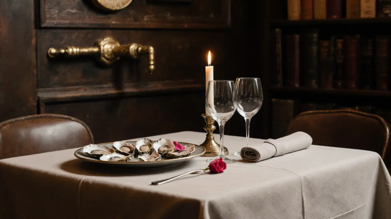 An elegant private dinner setting with candlelight, wine glasses, and a single rose petal on a linen tablecloth.