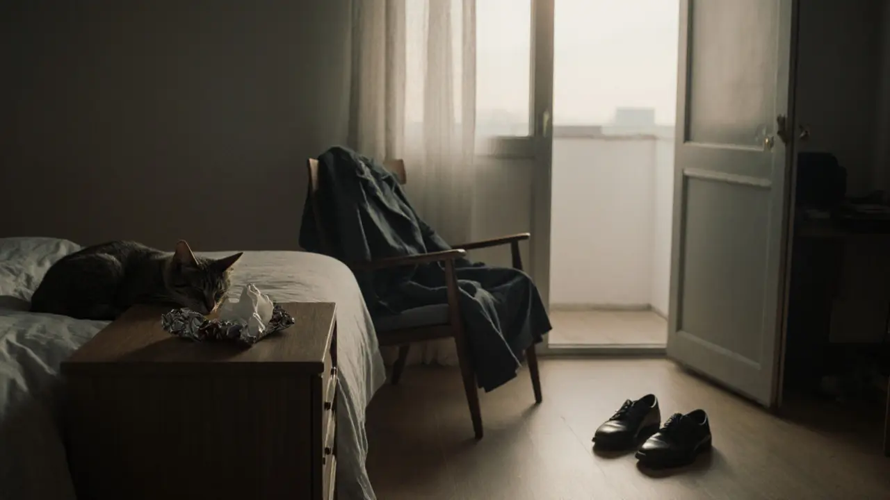 An empty Berlin apartment at dawn, chocolate wrapper and tissue on a nightstand, cat sleeping nearby.