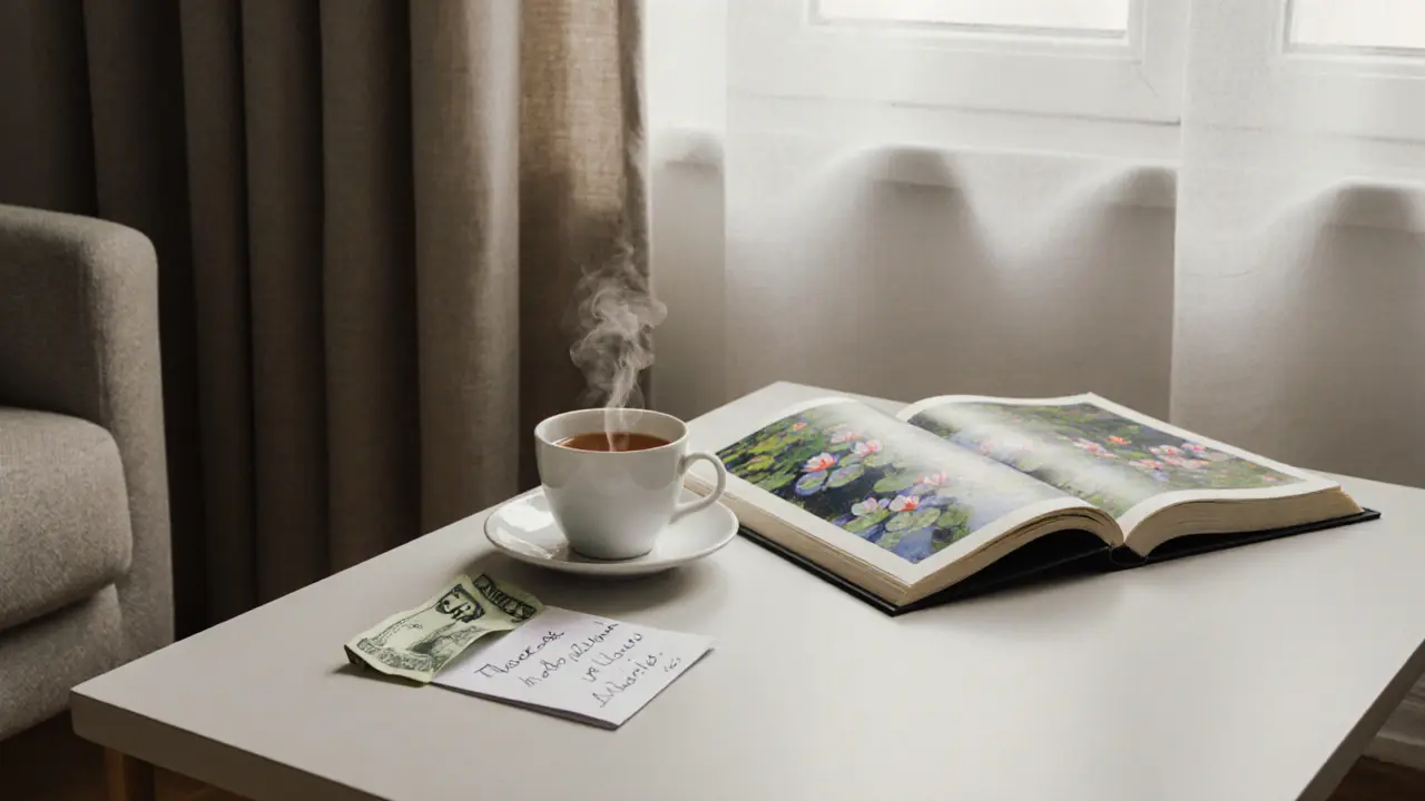 An empty room after a respectful meeting: a thank-you note and tea cup sit beside an open art book in soft morning light.