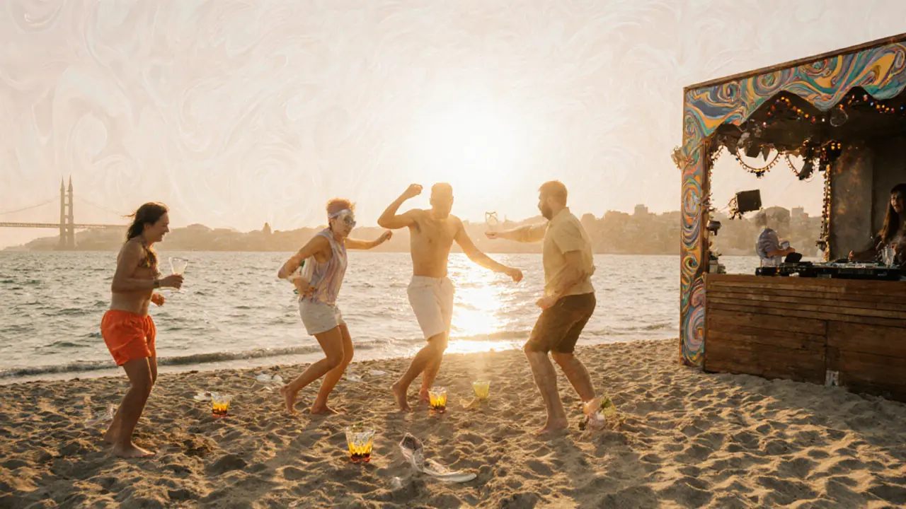 Beach club at sunrise with people dancing on sand as the sun rises over the Bosphorus.