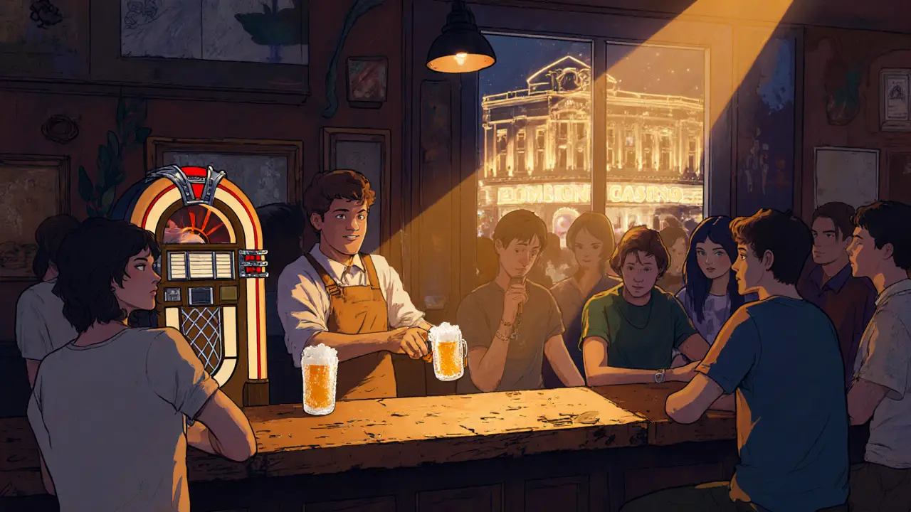 Cozy local bar with a jukebox and patrons drinking beer, lit by warm light behind the Casino.