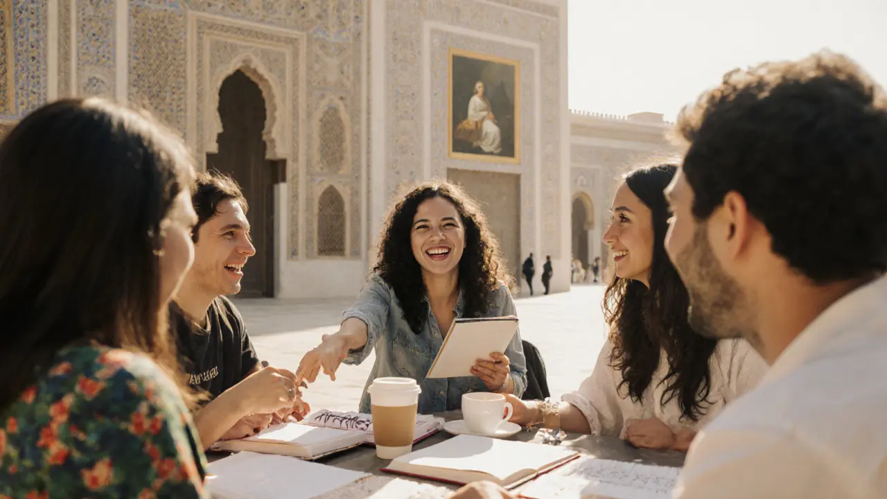 Diverse expats laughing and chatting warmly at a sunlit cultural meetup outside Louvre Abu Dhabi.