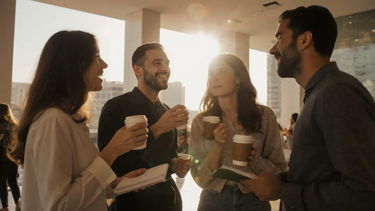 Diverse group of expats and locals laugh together at a cultural event, enjoying coffee and art in daylight.