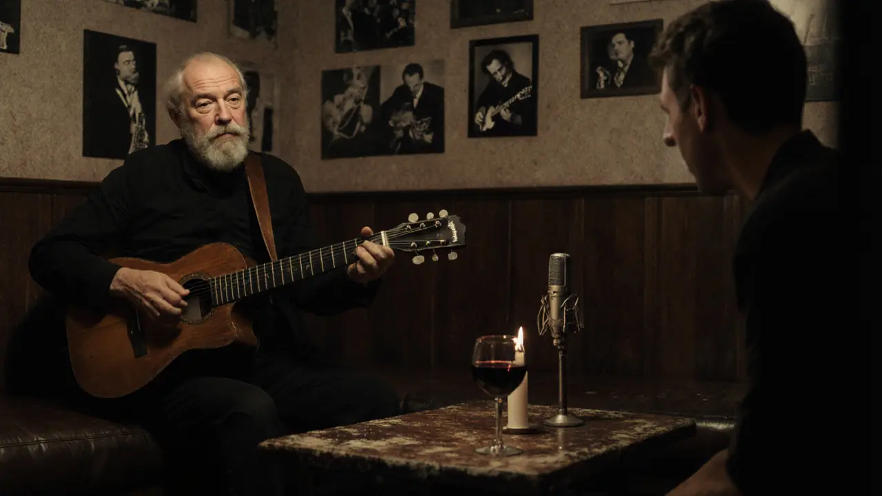 Elderly jazz guitarist playing in a dim, historic club surrounded by vintage musician photos.