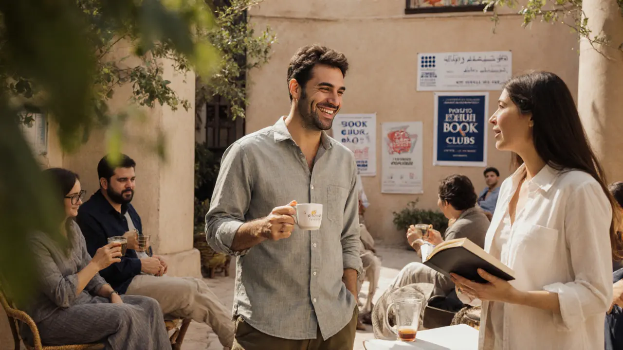 Expats socializing in a sunlit courtyard at the British Council in Abu Dhabi, sharing books and tea.