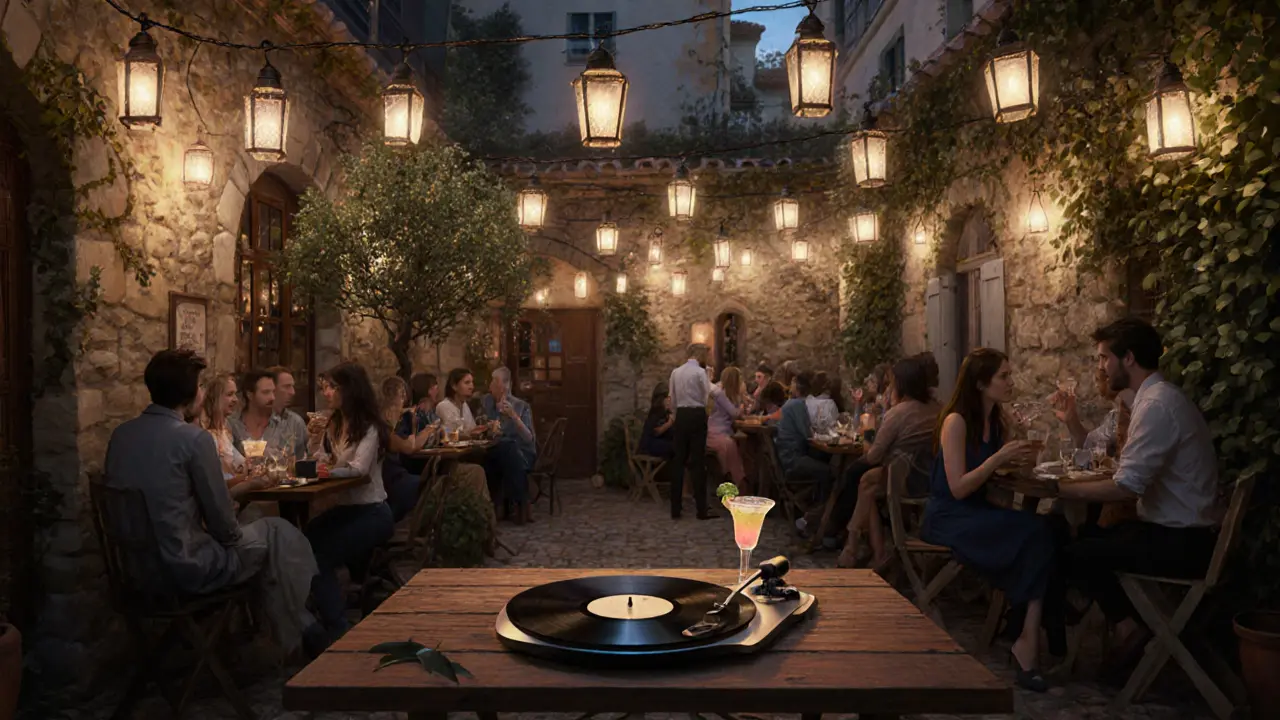 Hidden garden bar with lanterns and vinyl records, where people quietly sip cocktails under string lights.
