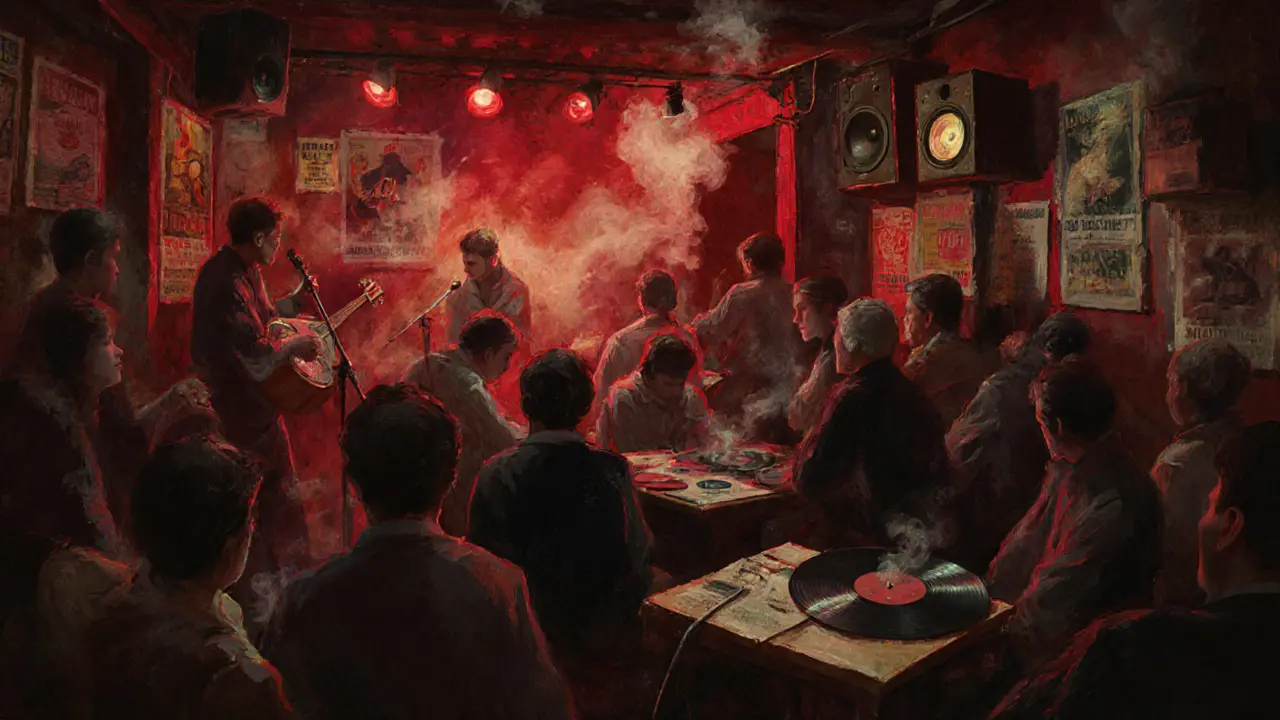 Hidden underground bar with live oud music, dim lighting, and locals gathered around vinyl records.
