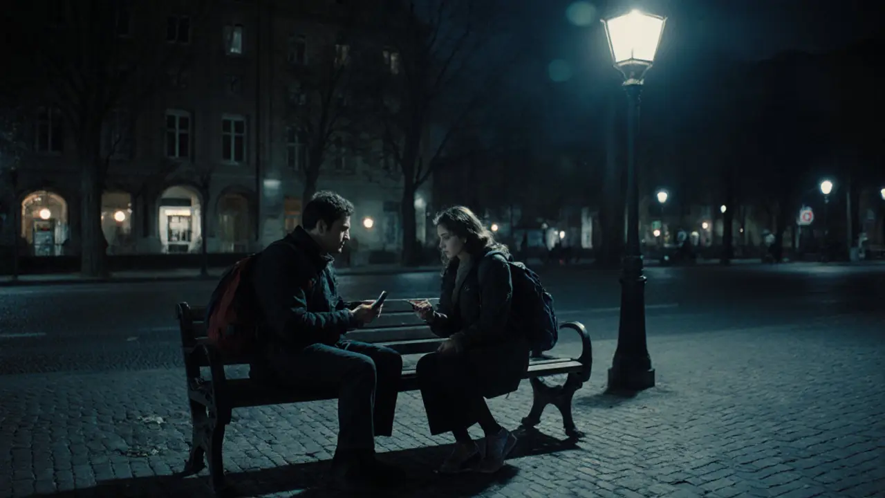 Man and woman meeting briefly on a well-lit Berlin park bench at night.