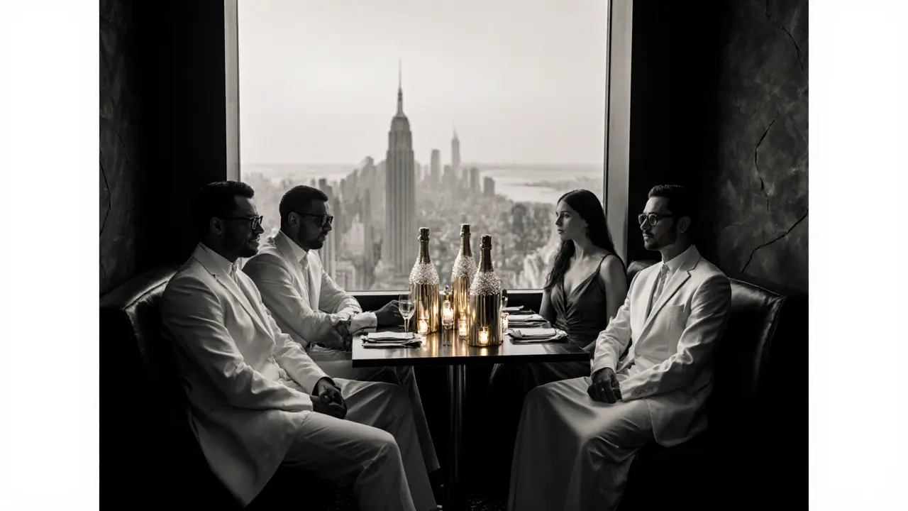 Private booth with discreetly dressed guests in Abu Dhabi VIP lounge, no phones, only candlelight and skyline.