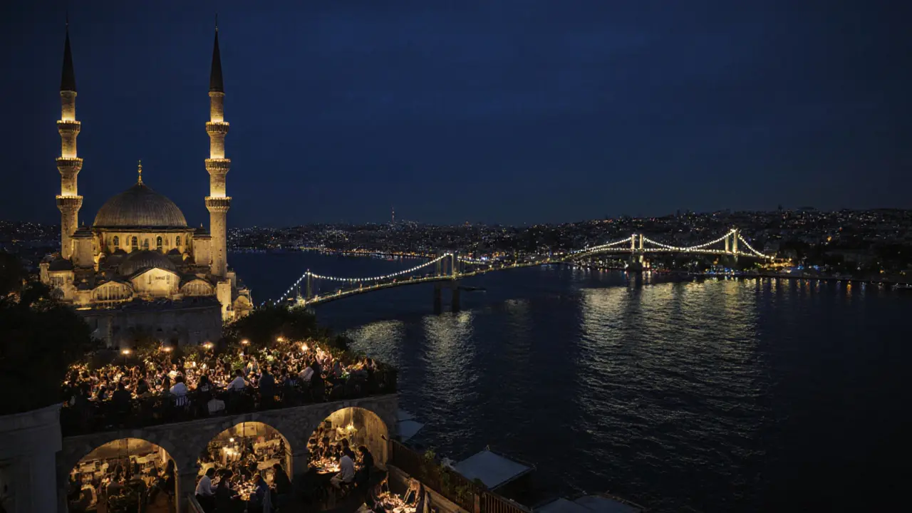 Rooftop bar overlooking Istanbul’s skyline at dusk with the Bosphorus Bridge lit up.