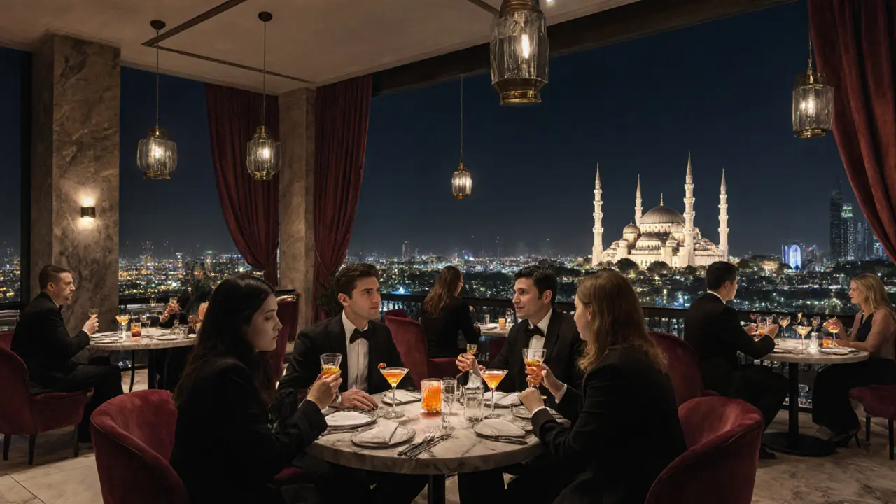 Rooftop lounge with view of Sheikh Zayed Grand Mosque at night, guests in black-tie enjoying sophisticated cocktails.