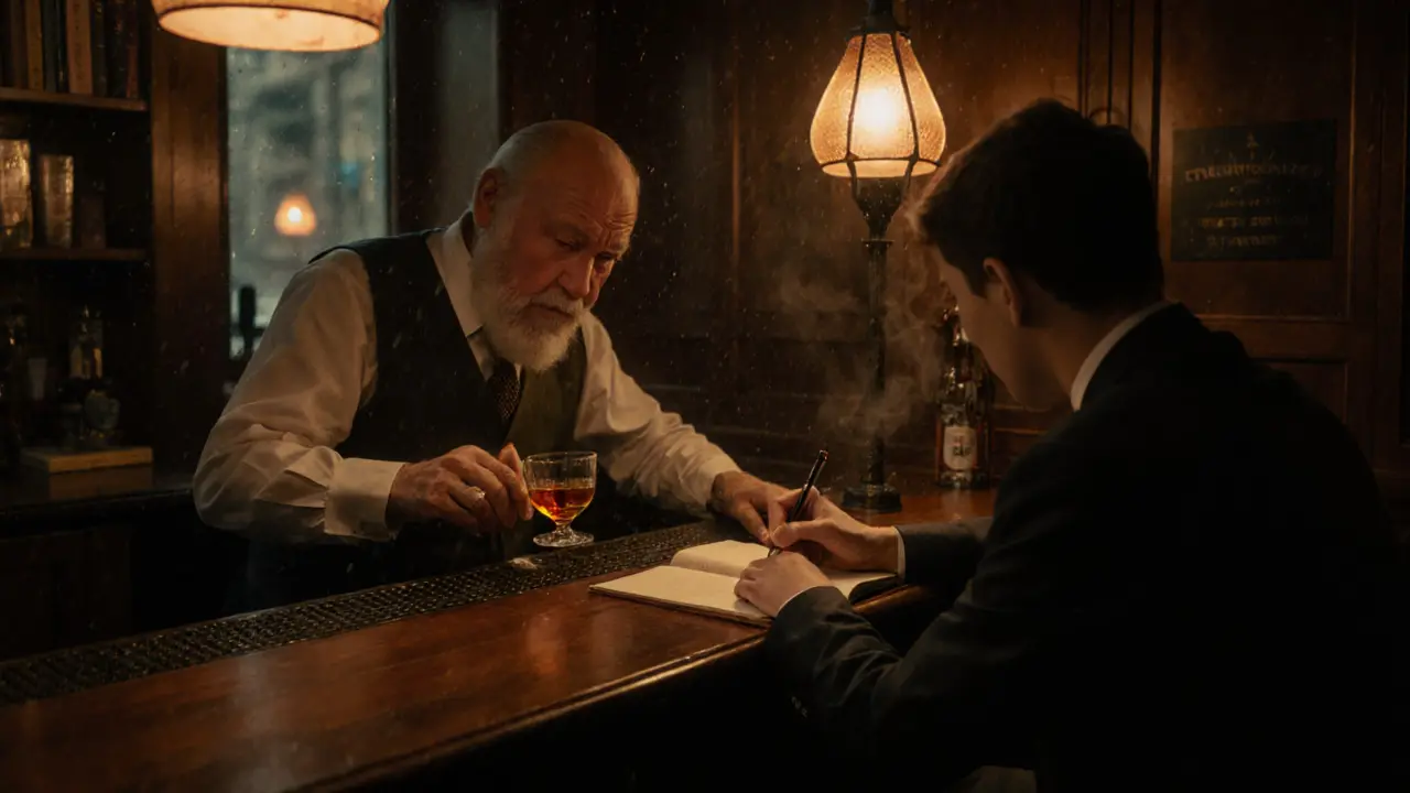 Secret speakeasy with a bartender pouring aged Armagnac, guest writing in a notebook by lantern light.