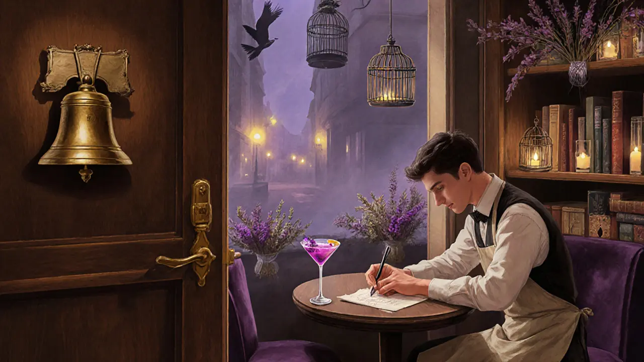 Secret speakeasy with birdcages and a bartender writing a cocktail note by candlelight.