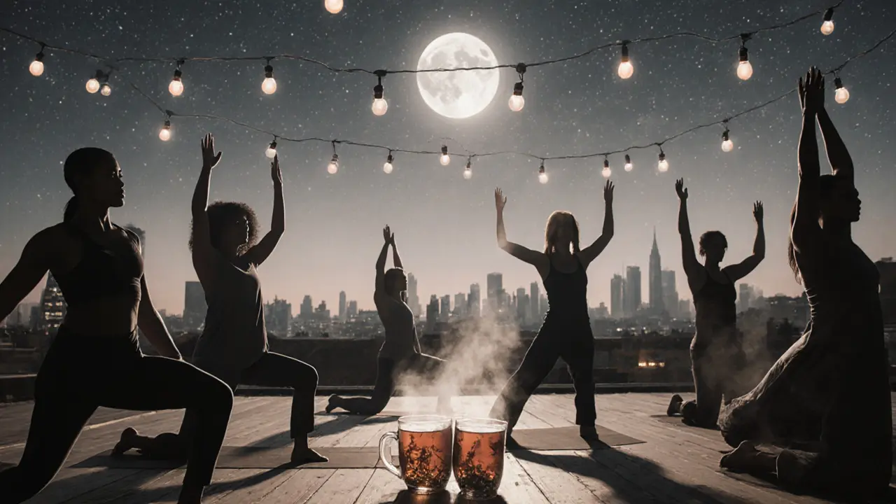 Silhouettes of people practicing yoga under string lights and stars on a rooftop at night.