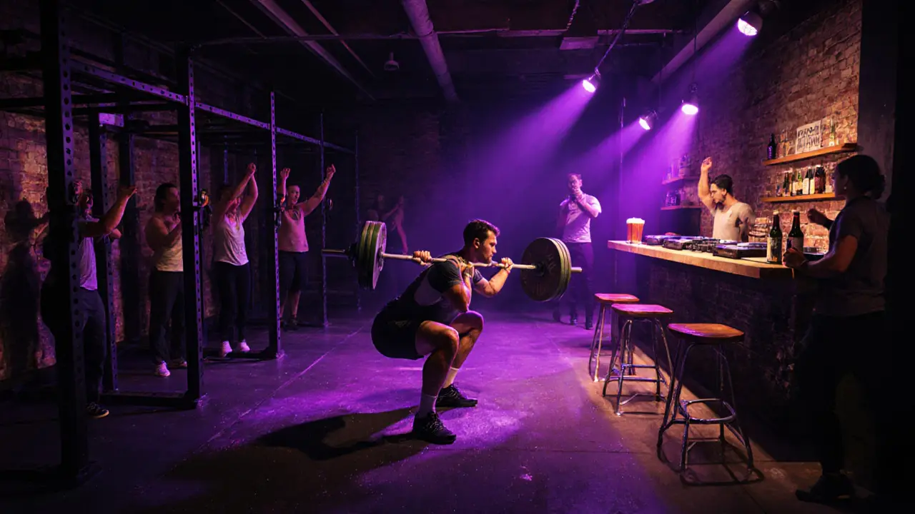 Someone squatting with a heavy barbell in a dim pub with a DJ spinning music nearby.