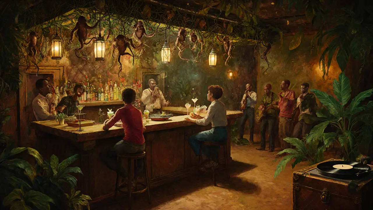Surreal jungle bar with vines, wire monkeys, and a piano bar under lantern light.