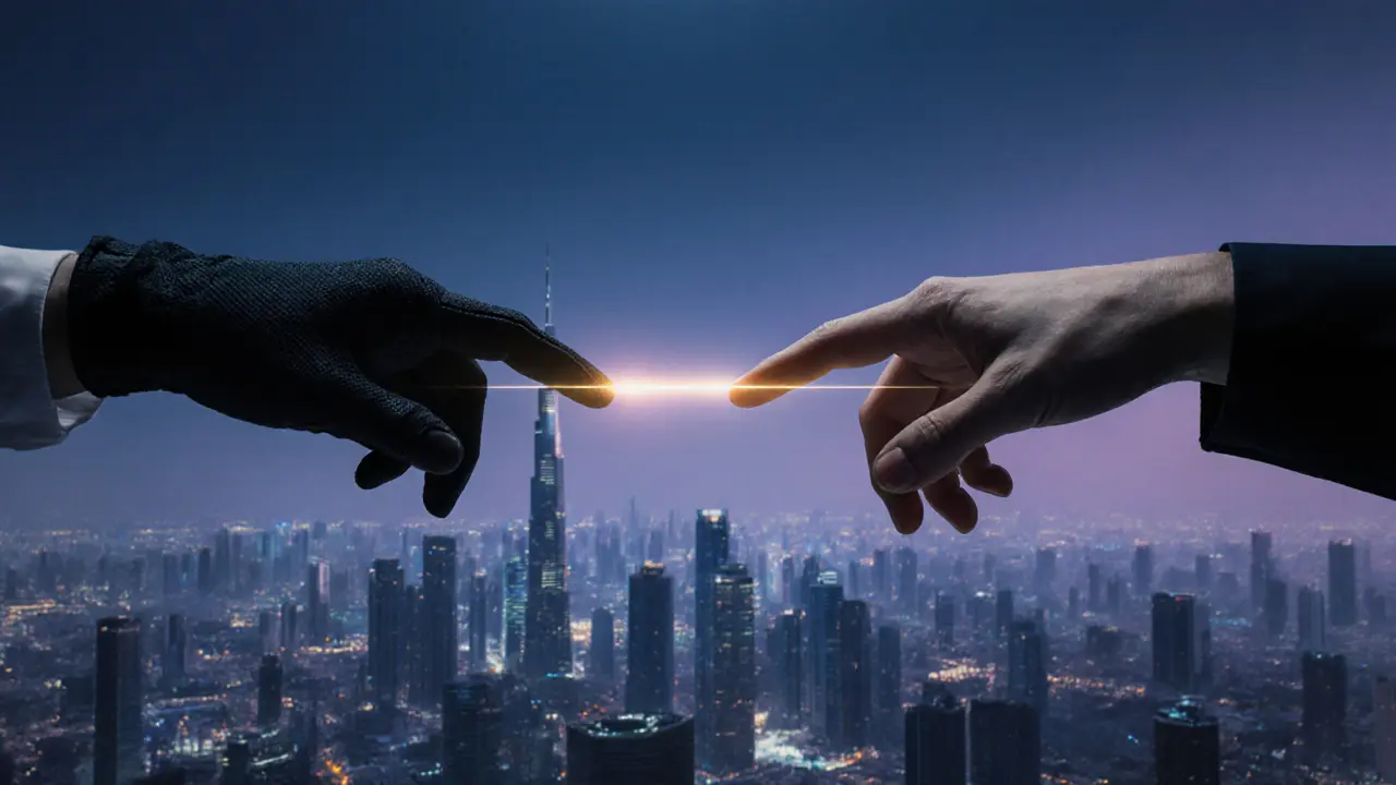 Two hands reaching across a dark cityscape, connected by a glowing thread symbolizing emotional connection.